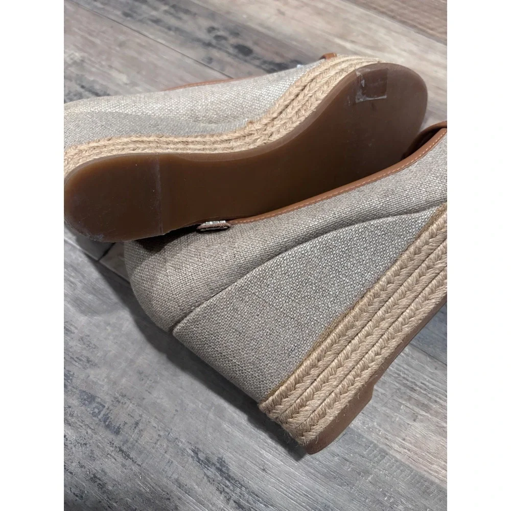 Tory Burch Beige Linen Logo Espadrille Wedge Sandal Coastal Preppy Old Money 6.5